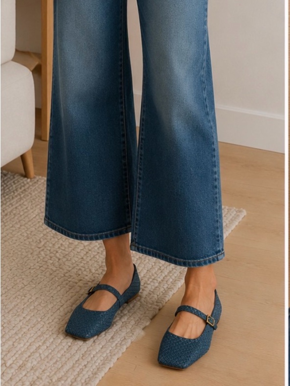 Vince Camuto denim blue Woven square toe Mary Jane ballet Flats gold buckles 9